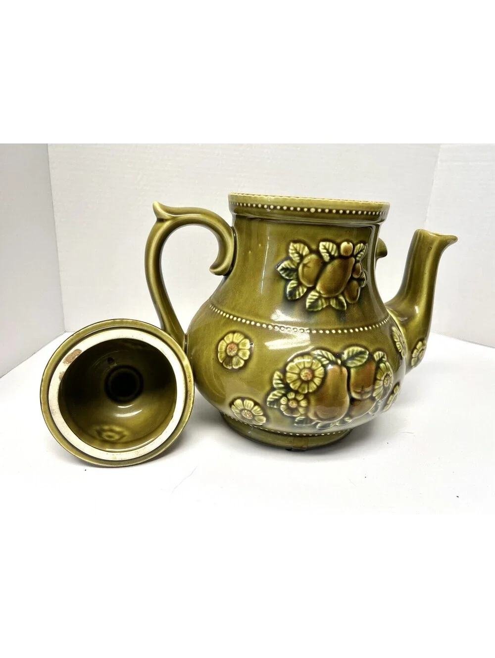 Vintage Apco Japan 60's Retro MCM Teapot Cookie Jar Canister Olive Green